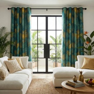 Fan Palm Silhouette Teal and Yellow Satin Tropical Leaves Curtain 2