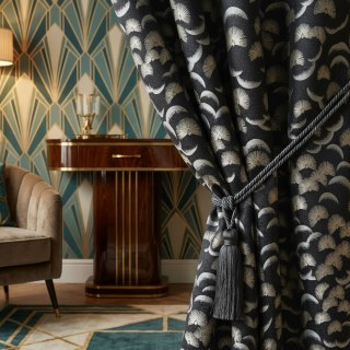 Fluttering Fanburst Art Deco Geometric Black and White Curtains 2