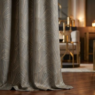 Gilded Ginkgo Art Deco Geometric Blue Gray Curtain with Gold Stripes