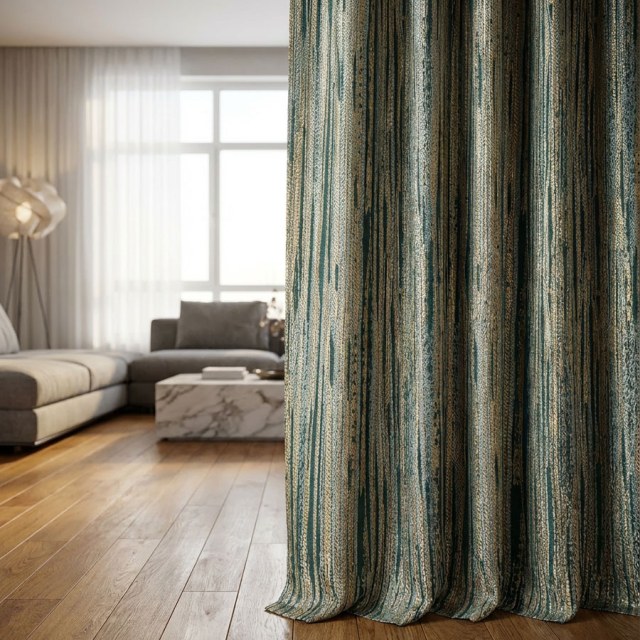 Gilded Stripes Subtle Textured Teal and Gold Striped Curtain 1
