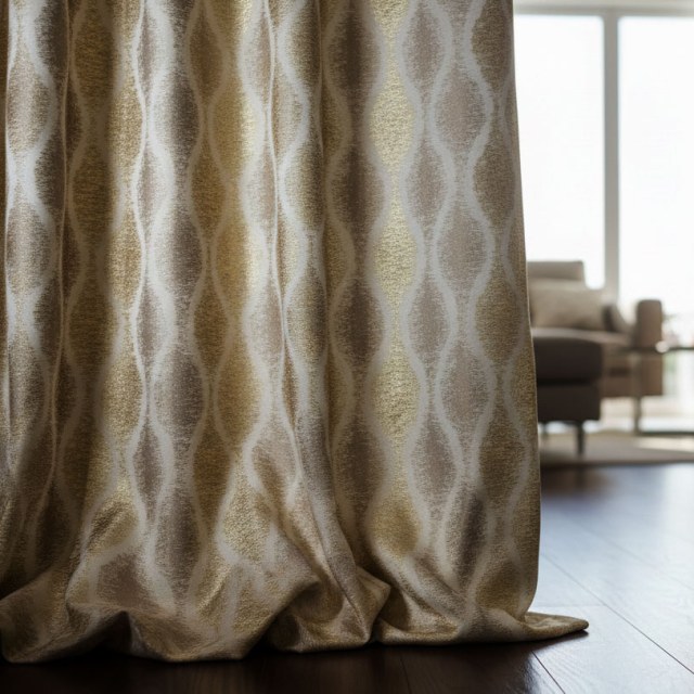 Ikat Ripples Mocha Cream Ogee Geometric Curtains with Gold Details 1