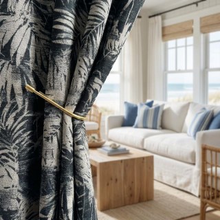 Midnight Palms Dark Ink Blue Tropical Floral Curtains 2
