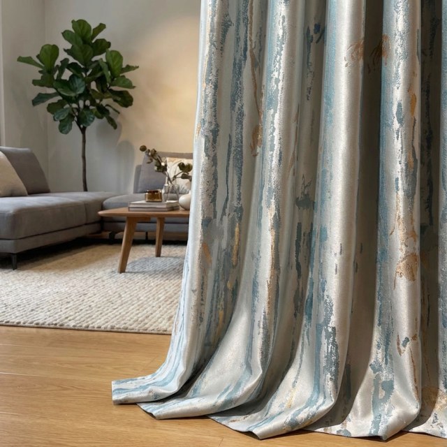 Misty Rain Jacquard Faux Silk Pastel Blue Abstract Curtain With Gold Details 1