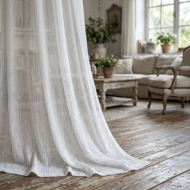 Moonstone Ivory White Textured Striped Sheer Curtain 1