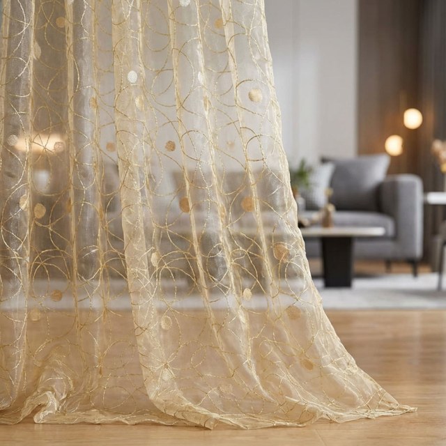 Nebula Embroidered Gold and Silver Circles Cream Organza Sheer Curtain 1