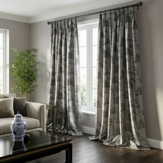 Pagoda & Junk Boat Chinoiserie Silvery Gray Satin Floral Curtain with Gold Details 3