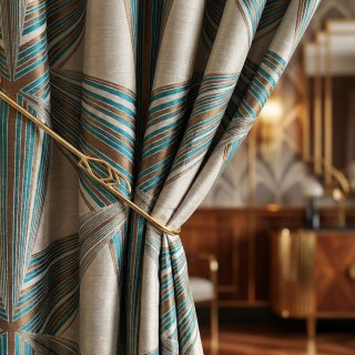 Prism Axis Teal and Gold Geometric Art Deco Curtains 2