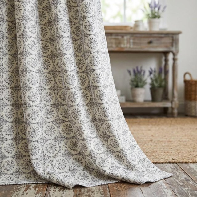 Rose Medallion Heavyweight Black and White Floral Chenille Curtain 1