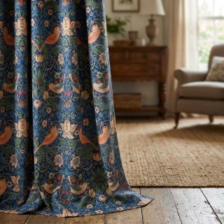 Strawberry Thief William Morris Navy Blue Chenille Floral Curtain 2