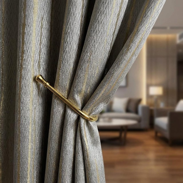 Sunbeam Glistening Subtle Textured Striped Champagne Gold and Gray Curtain Drapes 1