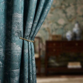 Temple Tranquility Jacquard Chinoiserie Teal Blue Floral Curtain 2