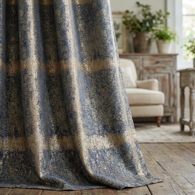 Weathered Plaid Haze Blue Checked Grid Geometric Curtains 1