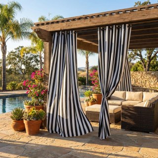 Cabana Classic Black and White Striped Outdoor Curtain 3