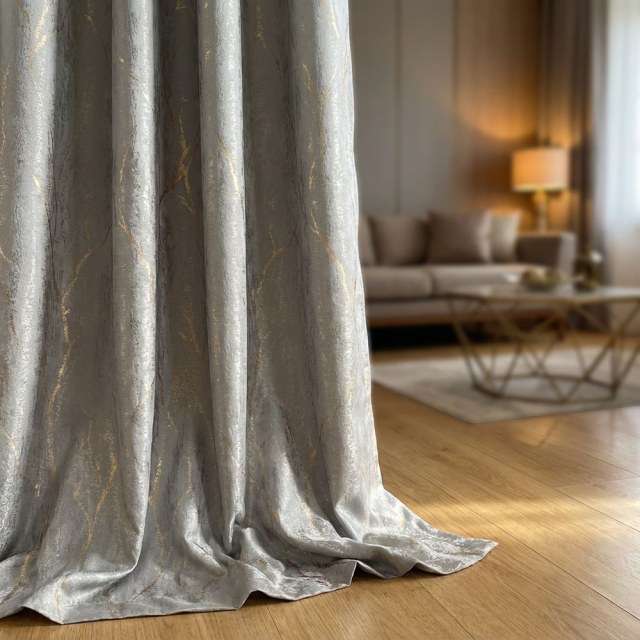 Gold Branches Jacquard Abstract Taupe Gray Curtain 1
