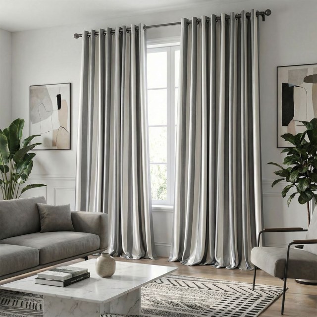 Sleek Gray and White Satin Striped Curtain 1