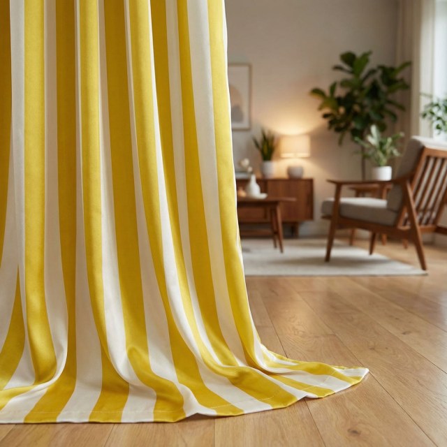 Sleek Yellow and White Satin Striped Curtain 1