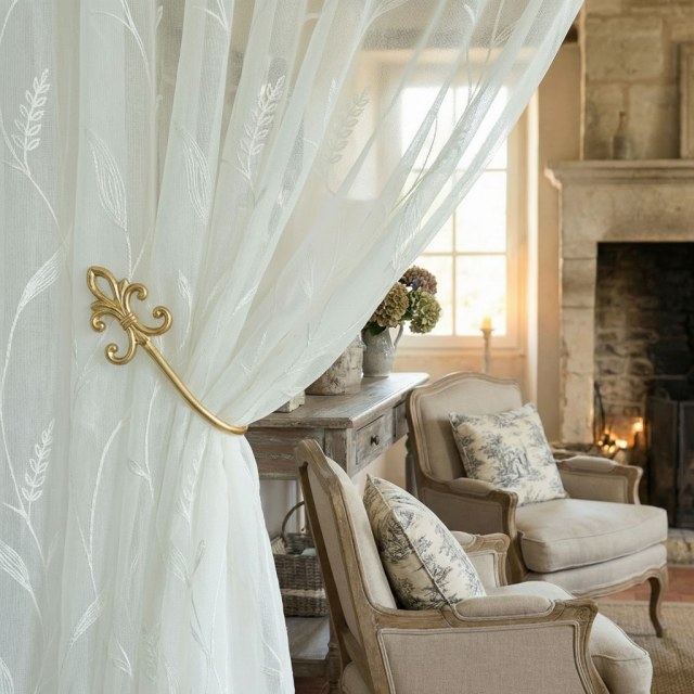 Dreamy Heather White Embroidered Leaf Sheer Curtain 1