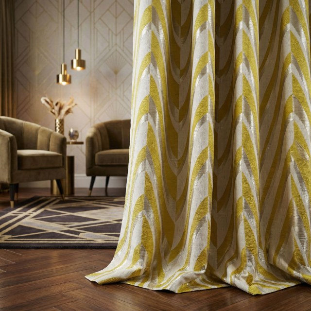 Ocean Wave Elegance Yellow and Gold Art Deco Geometric Curtains 1
