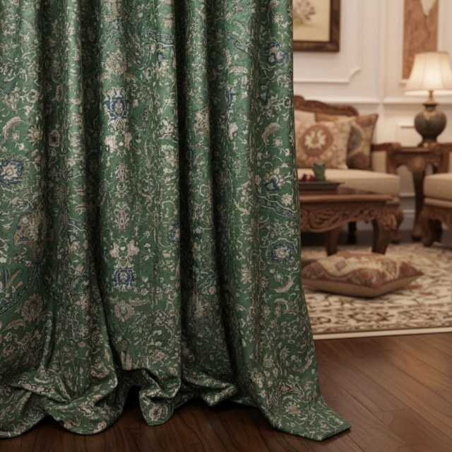 Zanjan Zen Vintage Emerald Green Persian Floral Velvet Curtains 1