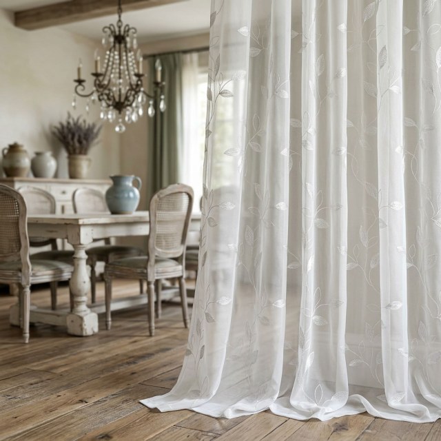 Creeper's Whisper Embroidered Leaf Ivory White Sheer Curtain 1
