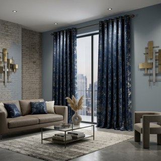 Enigma Sheen Navy Blue Gilded Velvet Curtains 2