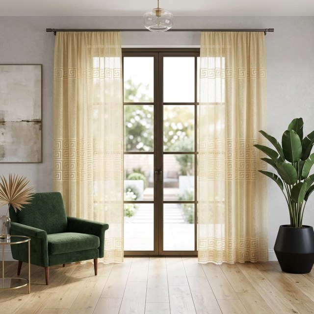 Greek Key Light Yellow Heavy Mesh Net Curtain 1