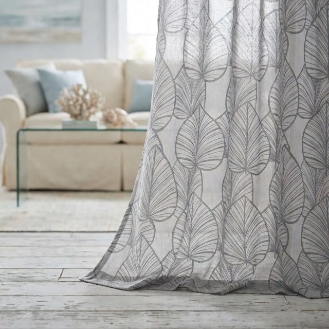 Lush Palm Tree Paradise Textured Gray Semi Sheer Curtain 1