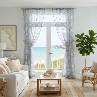 Lush Palm Tree Paradise Textured Navy Blue Sheer Curtain 3