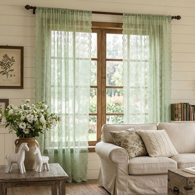 Posey Pastel Green Floral Lace Net Curtains 1