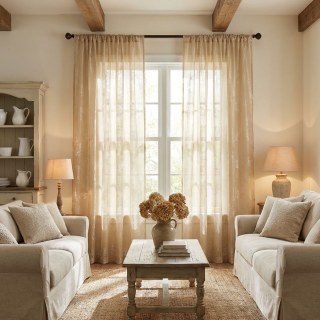 Shimmering Leaves Champagne Gold Organza Sheer Curtain 2