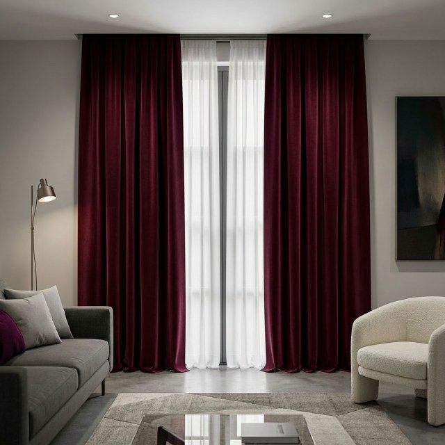 Cascade Matte Burgundy Wine Red Velvet Curtains 1