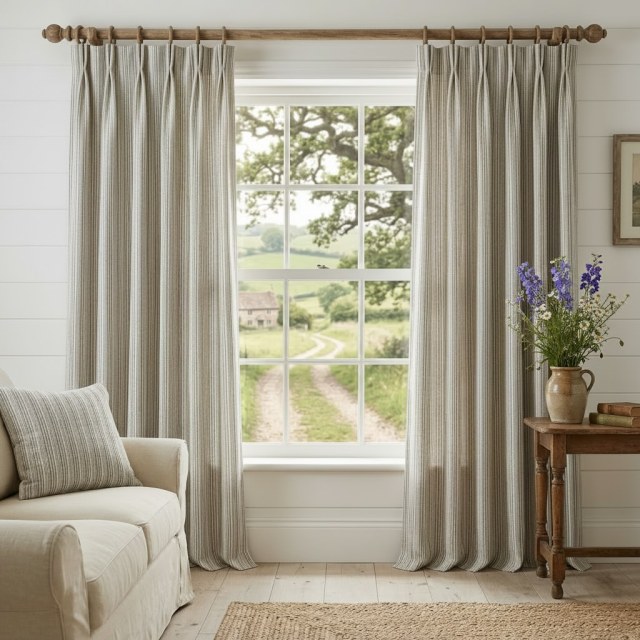 Cottage Flax Gray Striped Natural Linen Cotton Blend Curtains 1