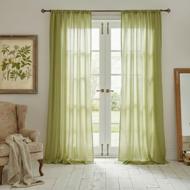 Cotton Club Olive Green Semi Sheer Curtain 1