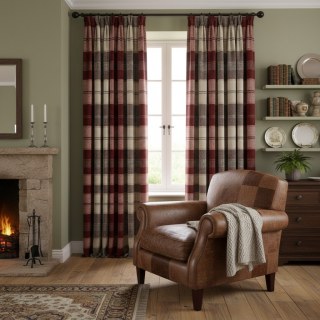 Cozy Plaid Check Burgundy Red Chenille Curtain Drapes