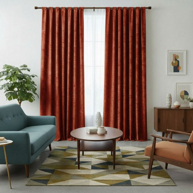 LuxeTouch Terracotta Burnt Orange Rust Red Chenille Curtain 1