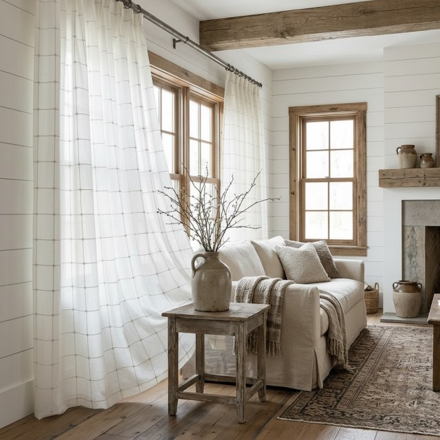 Pane Paradise Checked Grid Ivory White Sheer Curtains 1