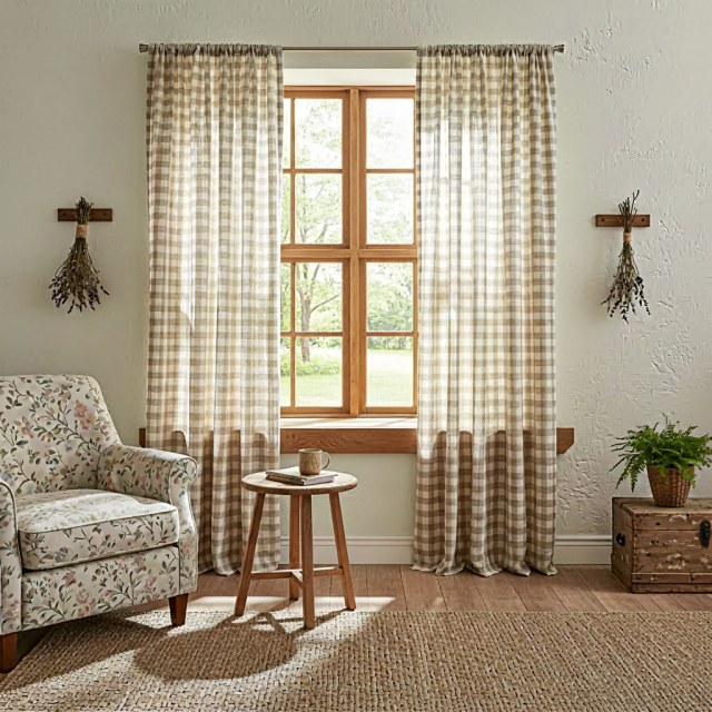 Cottage Charm Mocha Brown Linen Style Gingham Check Plaid Curtains 1