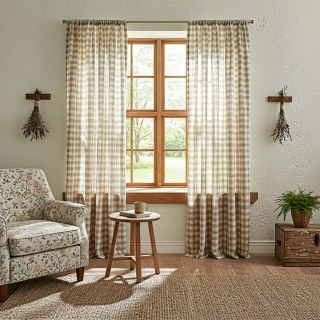 Cottage Charm Mocha Brown Linen Style Gingham Check Plaid Curtains