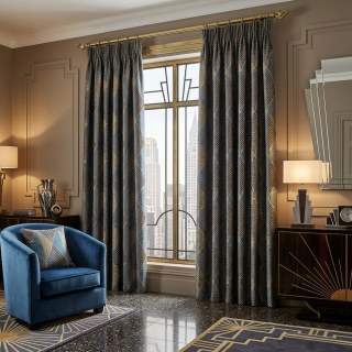 Deco Diamond Teal and Brown Art Deco Geometric Curtains with Gold Details 2