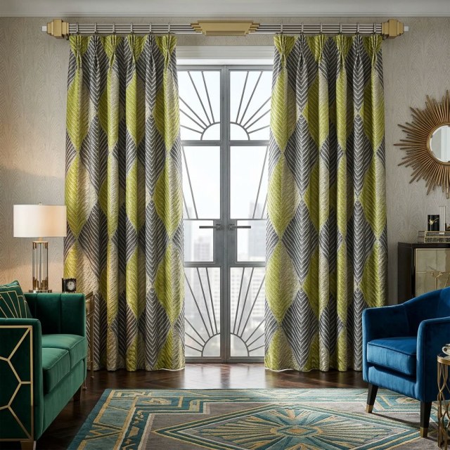 Deco Diamond Yellow and Gray Art Deco Geometric Curtains with Gold Details 1